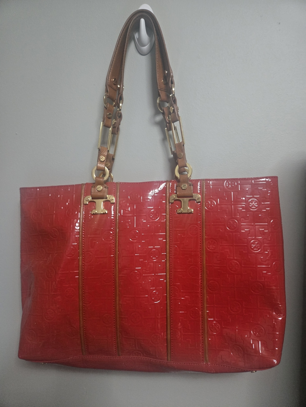 Tory Burch Red Patent Leather Tote with Brown Straps and Gold Hardware
